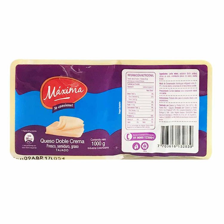 Queso doble crema tajado Máxima x1000g Jumbo Colombia
