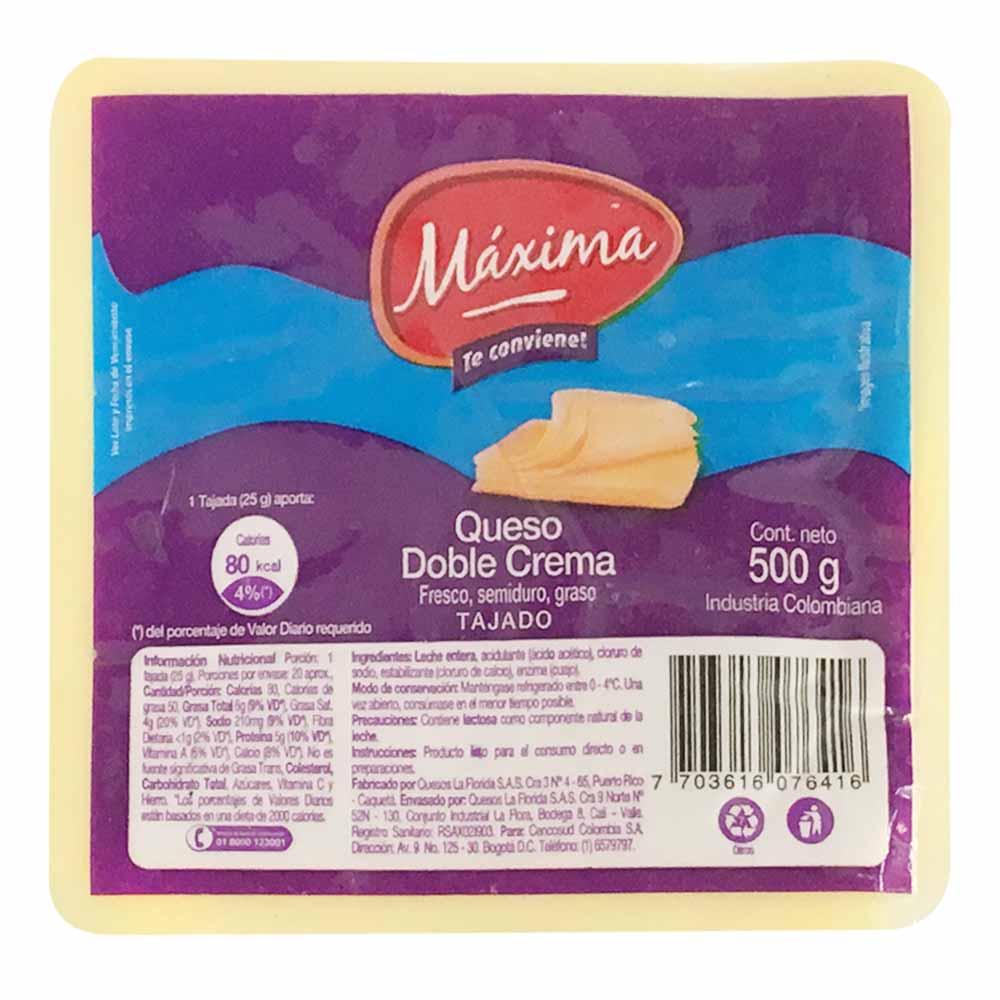 Queso doble crema tajado Máxima x500g Jumbo Colombia