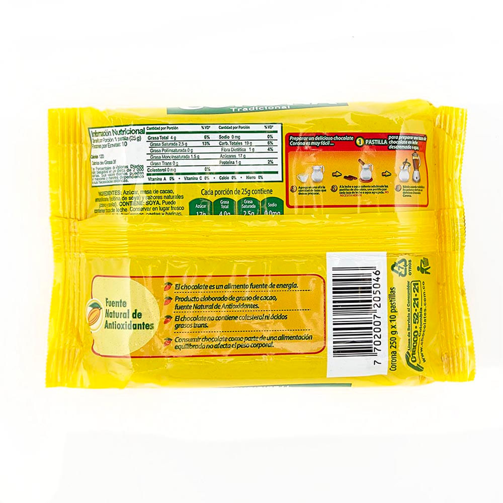 Chocolate Corona x 250 G Jumbo Colombia